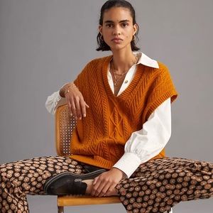 Anthropologie Pilcro Cable-Knit Tunic Sweater Vest - Marigold Orange Oversized